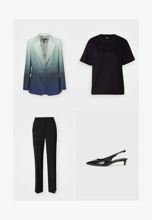 Ombre-Blazer, der von Hellgrün zu Dunkelblau übergeht, aus glattem Stoff gefertigt, mit einem einzelnen Knopf, zwei Fronttaschen und Revers.; Schwarzes Baumwoll-T-Shirt mit Rundhalsausschnitt, kurzen Ärmeln und aufgesticktem Logo auf der Brust. Einfacher, lässiger Schnitt ohne Muster.; Schwarze, taillierte Hose mit geradem Bein, aus einem glatten Stoff und mit klaren Falten an der Vorderseite. Keine sichtbare Hardware.; Schwarze Leder-Slingback-Pumps mit spitzem Schuhblatt, ausgestattet mit einem schlanken Absatz und einem goldfarbigen Akzent am verstellbaren Riemen. Glatte Textur.