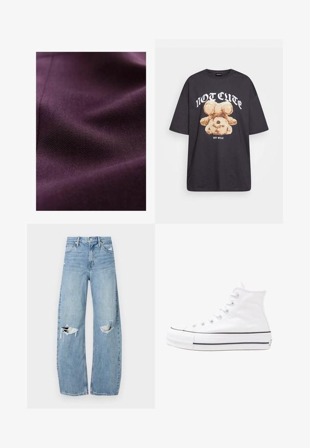 Sügavlilla kangas sileda tekstuuriga, millel on peened kootud mustrid ja kerge sära, peegeldades valgust õrnalt.; Musthave musta t-särk, millel on karu graafika ja tekst "EI NII NÄDALA, KUID MÄRG" paksult valgete tähtedega. Puuvillane materjal.; Heledad hallideega sinised teksad, millel on kõrge talje. Teksade jalgadel on lai alus, kaks rebitud kohta põlvede ümber ning klassikaline viie tasku stiil.; Valge kõrgem kangast tenniseking, millel on must kummist tald, ees kummist varvasetugi ja kuus aukku paelte jaoks, pakkudes puhta ja minimalistliku disaini.