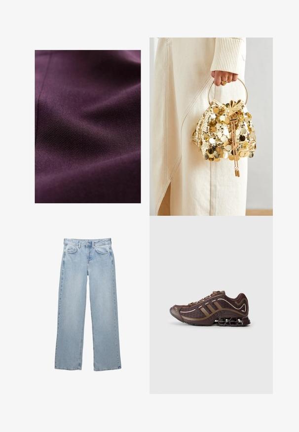 Hluboce fialová tkanina s hladkou texturou, která má jemné tkané vzory a mírný lesk, který měkce odráží světlo.; Černý top s dlouhým rukávem z měkkého materiálu, který má volný střih s překříženým předním dílem a lodním výstřihem. Hladká textura, zkrácená délka.; Světle modré džíny s širokým střihem, obsahující zapínání na knoflík a zip, pět kapes a minimální detaily šití.; Hnědá sportovní obuv s vrchní částí ze síťoviny a syntetického materiálu, s třemi pruhy, detailním prošitím, polstrovanou podrážkou a charakteristickým pružným podpatkem.; Zlatá taška se šňůrkou a kruhovou rukojetí, pokrytá lesklými kulatými flitry a texturovanou tkaninou. Rozměry nejsou uvedeny.