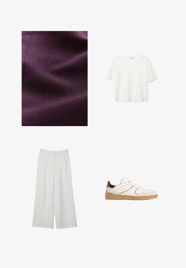 Tessuto di un profondo viola con una texture liscia, caratterizzato da sottili motivi tessuti e una leggera lucentezza che riflette la luce delicatamente.; T-shirt bianco a maniche corte realizzato in cotone. Presenta un collo tondo e una vestibilità rilassata. Texture liscia senza motivi o dettagli visibili.; Pantaloni bianchi a gamba larga realizzati in tessuto leggero, dotati di una vita elastica e di un cordino per una vestibilità regolabile. Texture liscia.; Stradivarius Sneakers basse - white