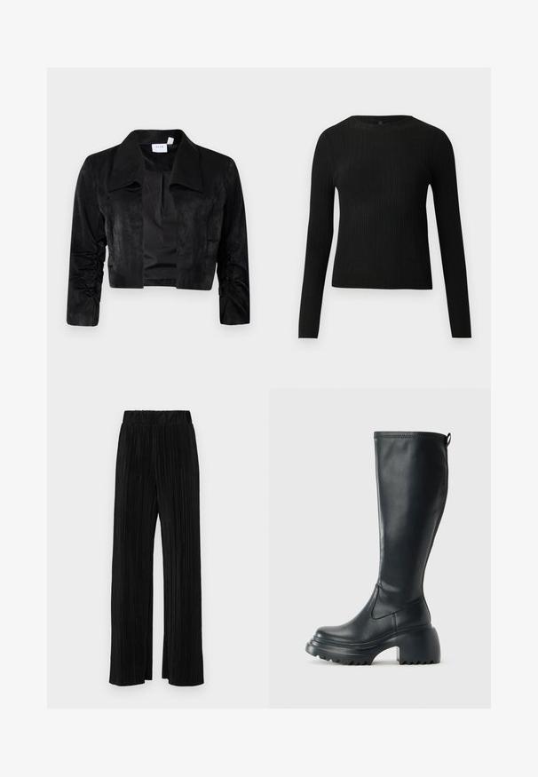Crna skraćena jakna napravljena od mekog materijala, s velikim ovratnikom, dugim rukavima s nabranim detaljima i prednjim zatvaranjem bez dugmadi.; Crni rebrasti dugouhasti pripijeni pulover s okruglim izrezom, prikazan na jednostavnoj svijetloj pozadini.; Crne plisirane hlače s elastičnim pojasom. Imaju široke nogavice i glatku, teksturiranu tkaninu s vertikalnim prugama.; Visoke crne kožne čizme s debelim platformskim đonom i blok petom, s patentom za povlačenje i teksturiranim uzorkom na potplatu.