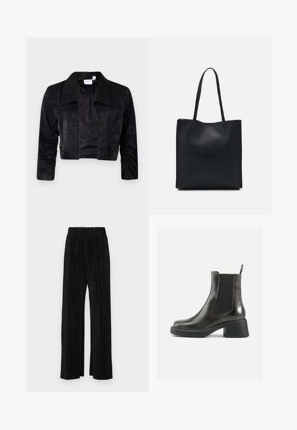 Jaqueta curta preta, feita de tecido suave, com um grande colarinho, mangas longas com detalhes franzidos e fechamento frontal sem botões.; Top branco sem mangas com decote redondo. Feito de um tecido liso, apresenta um corte descontraído e um design minimalista. Sem padrões ou detalhes.; Calças pregueadas pretas com uma cintura elástica. Apresentam pernas largas e um tecido liso, texturizado com riscas verticais.; Botas de tornozelo em couro negro com um acabamento liso, painéis laterais elásticos e um salto robusto. Apresentam uma alça na parte de trás para facilitar o calçar.; Bolsa tote preta em couro com textura lisa, forma retangular e duas alças longas. Sem hardware ou enfeites visíveis.
