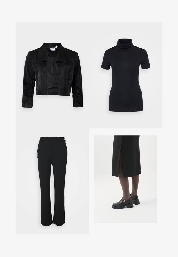 Juodas trumpas švarkas, pagamintas iš minkštos medžiagos, su dideliu apykakle, ilgomis rankovėmis su susiraukšlėjimais ir be mygtukų priekiu.; Juodas raštuotas turtlenekas, trumpomis rankovėmis, prigludusi konstrukcija, minkšta tekstūra, minimalus siūlių skaičius ir aukšta apykaklė.; Juodos, pritaikytos kelnės su lygiu paviršiumi, tiesaus kirpimo dizainu ir juosmeniu. Yra subtili siuvimo detalė ir be kišenių.; Juodos odinės bateliai su apvaliu nosiu, stora blokine pakulne ir elastingais šonais, derinami su tamsiomis pėdkelnėmis ir juoda sijonu su plyšiu.
