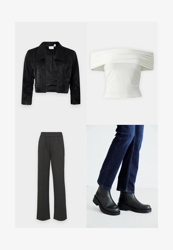 Jaqueta curta preta, feita de tecido suave, com um grande colarinho, mangas longas com detalhes franzidos e fechamento frontal sem botões.; Top branco off-the-shoulder com decote plissado e estruturado e corpete ajustado. Feito de um tecido suave com uma textura lisa.; Calças retas pretas com uma cintura elástica, pregas frontais, tecido macio e sem padrões ou detalhes em metal visíveis.; Botas de tornozelo de couro preto com sola grossa e painéis elásticos laterais, combinadas com jeans azul escuro. O chão é de cor clara.