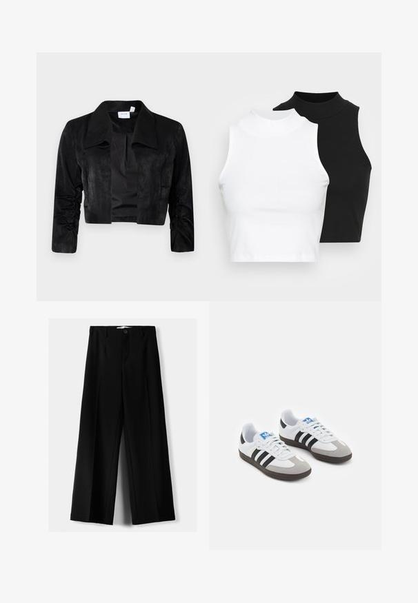 Fekete, rövid fazonú dzseki puha anyagból, nagy gallérral, hosszú, gatherszövéssel díszített ujjakkal és gomb nélküli elülső záródással.; Két ujjatlan, bordázott garbós top fekete és fehér színben, testhezálló kialakítással és sima textúrával, rövidített hosszal.; Fekete, bő szárú nadrág, könnyű anyagból, elöl gombos záródással és sima elfröccsenésű fazonnal, szépen varrott szegélyekkel.; Fehér bőr felsőrészes sportcipő, szürke velúrból készült orral és három fekete csíkkal. Jellemzője a kék logó a nyelvén és egy texturált gumitalp.