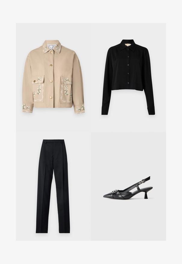 Bežna jakna s ovratnikom, ki ima cvetlični vezenine. Spredaj sta dve veliki žep, zlati gumbi in okrasno šivanje na rokavih.; Črni kratki top z dolgimi rokavi, s končnim ovratnikom in gumbi spredaj. Narejen iz gladkega materiala z sproščenim krojem in manšeti na rokavih.; Črne hlače iz gladkega materiala, ki imajo visok pas, široke noge, sprednje nabore in klasične zanke za pas. Nevidni stranski žepi.; Črne usnjene sandale središnje zaponke z ostro konico, okrasnimi trakovi z kovinskimi očesi in nizko blokasto peto. Teksturirana površina.