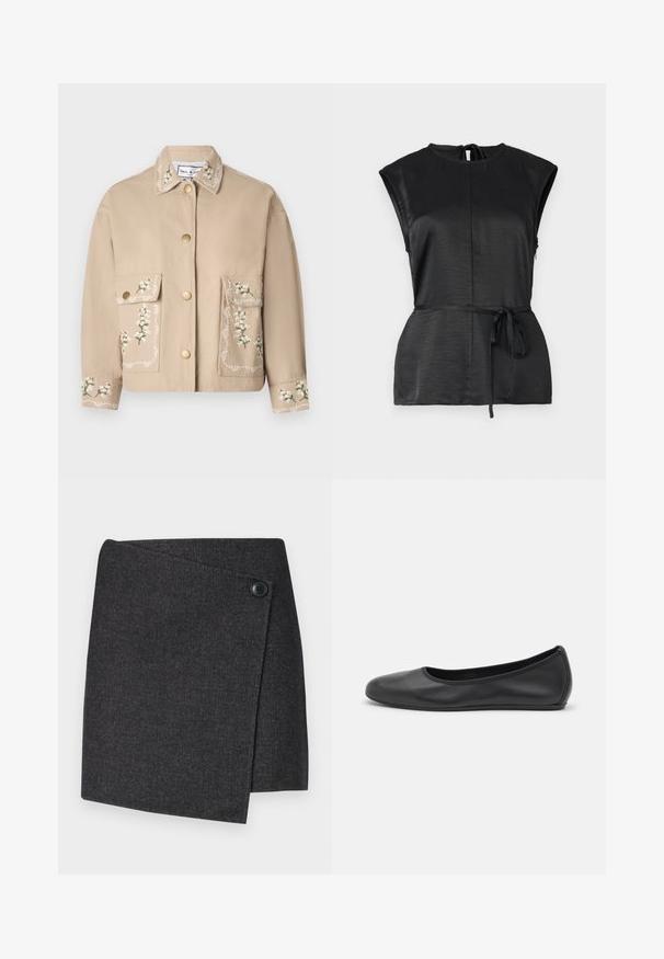 Beige Jacke mit Kragen und floralen Stickereien. Die Vorderseite hat zwei große Taschen, goldene Knöpfe und eine dekorative Naht an den Ärmeln.; Schwarzes ärmelloses Oberteil mit hohem Kragen, strukturiertem Stoff, einem Bindegürtel in der Taille und einem Schlüssellochausschnitt am Rücken.; Dunkelgrauer Wickelrock aus strukturiertem Stoff, mit einem Knopfverschluss auf der linken Seite und einem asymmetrischen Saum.; Schwarze Leder-Ballettschuhe mit abgerundeter Spitze, glatter Textur, minimalen Nähdetails und einem flexiblen Sohlen-Design.