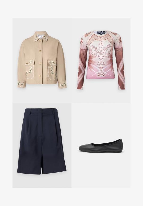Beige Jacke mit Kragen und floralen Stickereien. Die Vorderseite hat zwei große Taschen, goldene Knöpfe und eine dekorative Naht an den Ärmeln.; Langärmliges Hemd in einem Farbverlauf von zartem Rosa bis Braun, mit komplexen geometrischen und floralen Grafiken, aus glattem Stoff gefertigt.; Marineblaues, maßgeschneidertes Shorts aus einem glatten Stoff mit hoher Taille, Falten vorne und seitlichen Taschen. Saubere, strukturierte Silhouette.; Schwarze Leder-Ballettschuhe mit abgerundeter Spitze, glatter Textur, minimalen Nähdetails und einem flexiblen Sohlen-Design.