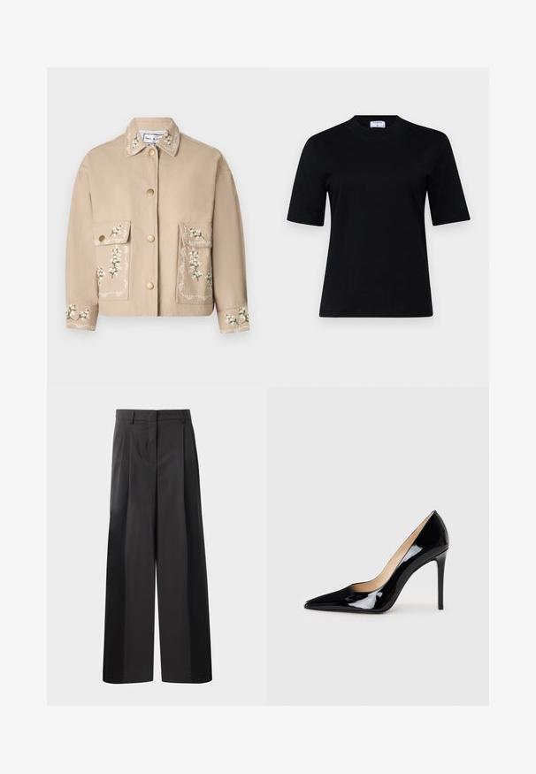 Beige Jacke mit Kragen und floralen Stickereien. Die Vorderseite hat zwei große Taschen, goldene Knöpfe und eine dekorative Naht an den Ärmeln.; Schwarzes Kurzarm-T-Shirt aus weichem Material mit Rundhalsausschnitt und geradem Schnitt; verfügt über ein minimalistisches Design ohne sichtbare Muster.; Schwarze, weit geschnittene Hose mit hoher Taille, versehen mit Frontfalten, einer glatten Textur und einem maßgeschneiderten Finish. Entworfen für eine lockere Passform.; Schwarze Lackleder-Pumps mit High Heels und spitzem Design sowie einer eleganten Silhouette. Verfügt über eine glatte, glänzende Oberfläche und einen schlanken Stiletto-Absatz.