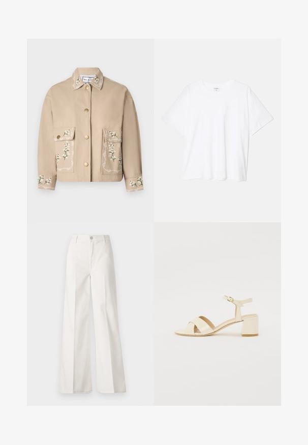 Bež jakna s ovratnikom koja ima cvjetni vez. Sprijeda se nalaze dva velika džepa, zlatni gumbi i dekorativno šivanje na rukavima.; Bijela pamučna majica s kratkim rukavima, okruglim izrezom, opuštenim krojem i šivenim rubom. Etiketa je vidljiva na unutarnjoj strani vrata.; Bijele široke hlače izrađene od pamuka s glatkom teksturom. Imaju prednji gumb, patentni zatvarač i dizajn s četiri džepa.; Bež sandale od lakirane kože na visokoj peti s dizajnom preklopnog remena, otvorenim prstima, podesivim remenom oko gležnja i blok petom. Glatka tekstura.