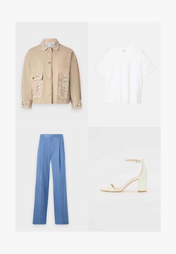Veste beige avec col ornée de broderies florales. L'avant présente deux grandes poches, des boutons dorés et des coutures décoratives sur les manches.; T-shirt en coton blanc avec des manches courtes, un col rond, une coupe décontractée et un ourlet cousu. Étiquette visible à l'intérieur du col.; Pantalons larges bleu clair avec des rayures blanches verticales. Fabriqués dans un matériau lisse, avec un pli avant et une taille épurée.; Sandale à talon bloc en cuir blanc avec une bride de cheville à boucle et un design minimaliste. Bout ouvert et textures lisses sur l'ensemble.