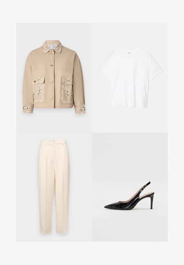 Beige Jacke mit Kragen und floralen Stickereien. Die Vorderseite hat zwei große Taschen, goldene Knöpfe und eine dekorative Naht an den Ärmeln.; Weißes Baumwoll-T-Shirt mit kurzen Ärmeln, runder Halslinie, lockerer Passform und genähtem Saum. Etikett sichtbar am inneren Kragen.; Beige maßgeschneiderte Hose mit geradem Schnitt, mit Falten an der Vorderseite, einer glatten Textur und einer mittelhohen Taille. Keine sichtbaren Taschen.; Schwarz lackierte Slingback-Pumps mit spitzem Zehenbereich, schlankem Absatz und einem subtilen Ausschnittdesign. Verfügt über eine goldene Schnalle am Riemen.