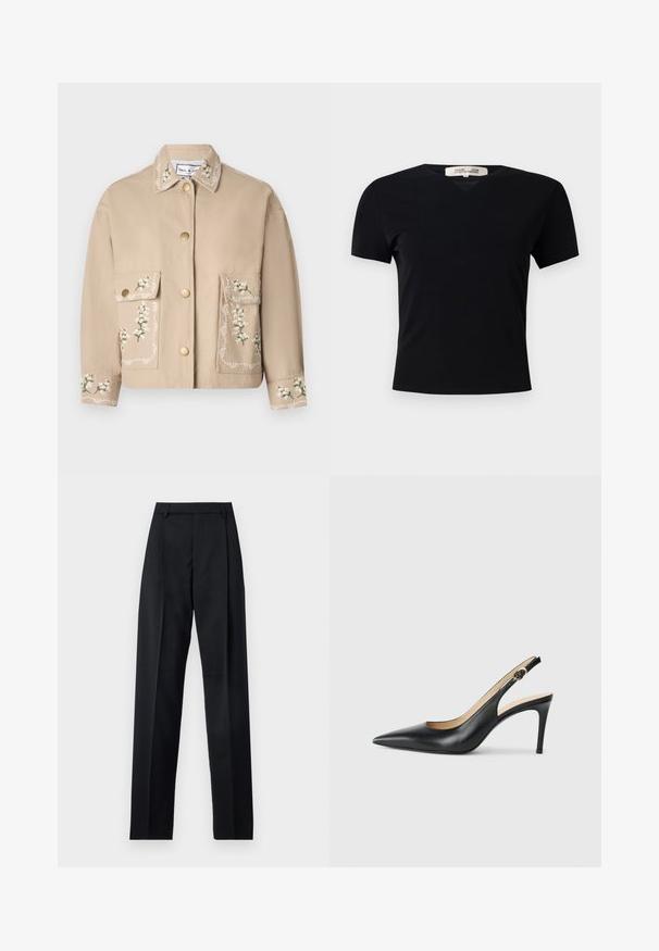 Beige Jacke mit Kragen und floralen Stickereien. Die Vorderseite hat zwei große Taschen, goldene Knöpfe und eine dekorative Naht an den Ärmeln.; Schwarzes T-Shirt mit kurzen Ärmeln und V-Ausschnitt, aus einem glatten, elastischen Stoff hergestellt. Besitzt eine einfache, klassische Silhouette ohne Verzierungen.; Schwarze Hosen aus glattem Stoff mit hoher Taille, weitem Bein, vorderen Falten und klassischen Gürtelschlaufen. Keine sichtbaren Seitentaschen.; Schwarze Leder-Slingback-High-Heels mit spitzem Zehenbereich, verstellbarem Riemen und schlankem Stiletto-Absatz, ausgestattet mit einer glatten Oberfläche.