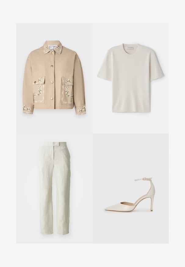 Beige jacket with a collar featuring floral embroidery. Front has two large pockets, gold buttons, and decorative stitching on sleeves.; Cream short-sleeve t-shirt with a round neckline, made from soft material, featuring a straight cut and minimal detailing.; White linen trousers with a tailored fit, featuring a flat front and straight legs. Smooth texture with slight creasing detail.; White leather high-heeled shoe with a pointed toe, ankle strap, and a slim stiletto heel. Smooth texture with subtle glossy finish.