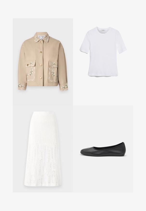 Beige színű dzseki, gallérral, virágmintás hímzéssel. Elöl két nagy zseb található, aranygombokkal és díszített varrással az ujjakon.; Fehér, rövid ujjú póló ribbed anyagból. Kerek nyakkivágás, normál szabás és diszkrét varrási részletek. Nincsenek minták vagy grafikák.; Fehér kötött midi szoknya, amelynek textúrája függőleges vonalakkal és kivágott részletekkel díszített az alján. Rugalmas derékpánt. Puha anyag.; Fekete bőr balettcipő lekerekített orral, sima tekstúrával, minimális varrással és rugalmas talp kialakítással.