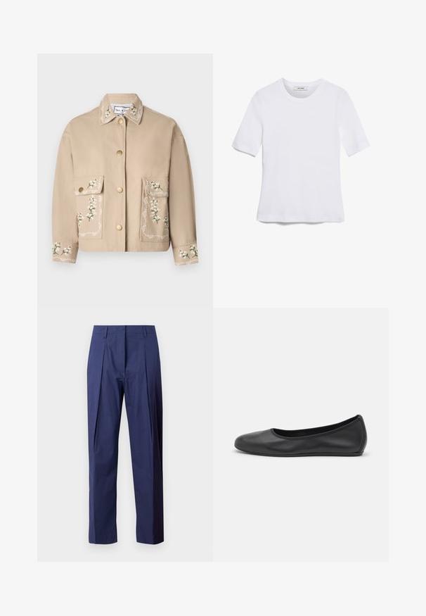 Giacca beige con colletto e ricami floreali. La parte anteriore presenta due ampie tasche, bottoni dorati e cuciture decorative sulle maniche.; T-shirt bianca a maniche corte realizzata in tessuto a costine. Collo rotondo, vestibilità regolare e dettagli di cucitura sottili. Senza motivi o grafiche.; Pantaloni blu navy realizzati in un tessuto leggero, con taglio dritto, pieghe frontali e una consistenza liscia.; Pantofole da balletto nere in pelle con punta arrotondata, texture liscia, dettagli di cucitura minimi e design con suola flessibile.