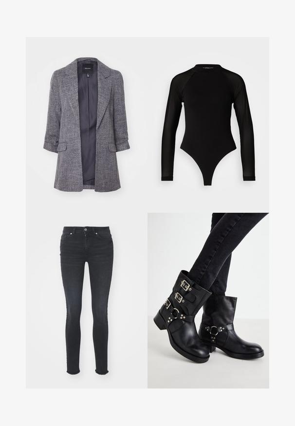 Szürke blézer textúrált anyagból, bemetszett hajtókákkal és két elülső zsebbel. A bélés egyszínű sötét színű.; Fekete, hosszú ujjú body, magas nyakkal, melynek testrésze sima anyagból készült, míg az ujjai áttetsző hálós anyagból vannak, testhezálló fazonban.; Fekete farmer skinny nadrág közepes derékkal, öt zsebbel és sűrűsödött szegéllyel. Az anyag sima tapintású, enyhe rugalmassággal.; Fekete bőrből készült bokacsizma három csat díszítéssel, lekerekített orral és alacsony blokk sarkúval. A dizájn sima és texturált panelekból áll.