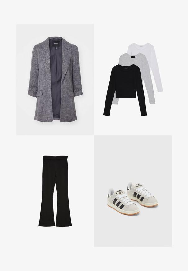 Pilkas švarkas su tekstūruotu audiniu, išpjautais atlapais ir dviem priekinėmis kišenėmis. Vidus išklotas vientisa tamsia spalva.; Trijų ilgomis rankovėmis marškinėlių krūva: juodas, pilkas ir baltas. Kiekvienas turi apvalų iškirpimą ir trumpą dizainą, pagamintas iš lygaus, lengvo audinio.; Juodos flared tipo legginsai, pagaminti iš tamprios medžiagos. Yra platus juosmuo ir lygus paviršius, su prie kūno priglundančiu siluetu, kuris pločiasi ties apatine dalimi.; Grynos zomšos sneakeriai su baltais raišteliais, juodomis juostelėmis ir balta gumine sole. Turintys apskritą logotipą ant liežuvėlio ir guminę sole.