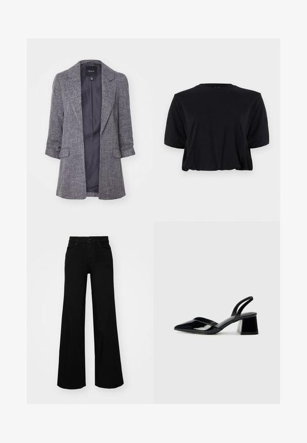 Hall hall vest, mille tekstuuriga kangas, nurgelised kraed ja kaks esikohta. Sisemus on vooderdatud kindla tumevärviga.; Mustmust mustsärk lühikeste varrukatega, ümara kaelusega ja puhtas, liigendamata disainiga, pehme tekstuuriga.; Mustad mustad püksid, mis on valmistatud denimist, struktuurse vöökohtade, vöökootidega ja esikottidega. Sile tekstuur klassikalise disainiga.; Mustad musta lakknahk kingad, millel on terav varvas ja geomeetriline plokkkonts. Omab elegantselt minimalistlikku disaini ja sujuvat tekstuuri.