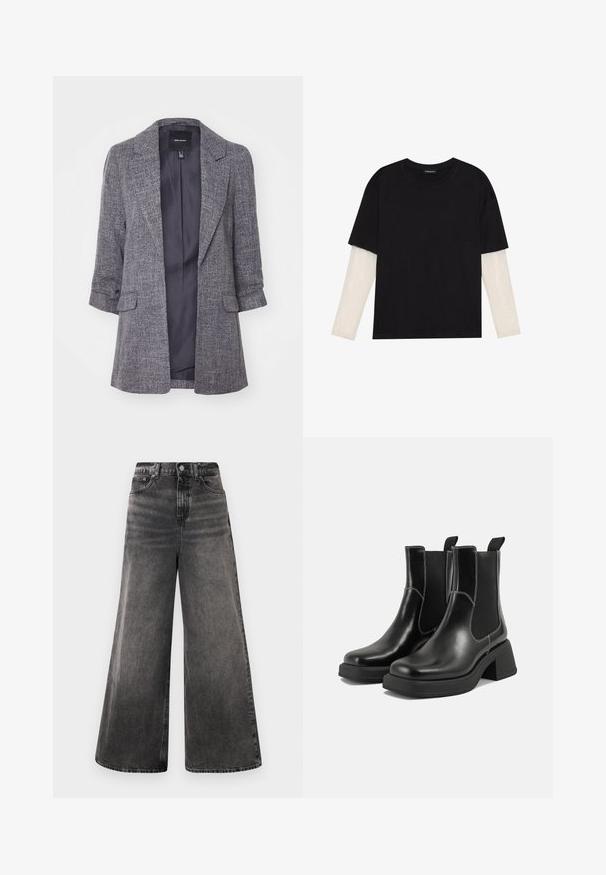 Szürke blézer textúrált anyagból, bemetszett hajtókákkal és két elülső zsebbel. A bélés egyszínű sötét színű.; Fekete pamut póló, rövid ujjal, fehér hosszú ujjú réteg fölött, finom textúrával. Kerek nyakkivágású dizájn.; Széles lábú fekete farmernadrág, megfakult mosással, öt zsebes dizájnnal és gombos záródással a derékrészen, varrott részletekkel.; Fekete bőr Chelsea csizmák masszív sarkakkal, rugalmas oldalsó panelekkel és kontrasztos fehér varrással. Texturált felület.