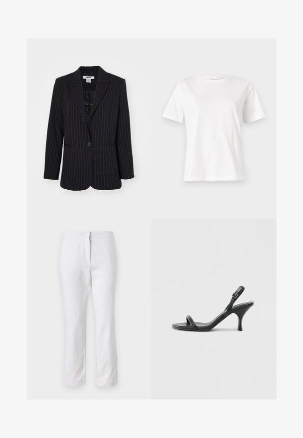 Melnā svītrainā žakete ar vienu pogu, izgrieztām atloks un struktūrētu audumu ar niansētiem mirdzuma akcentiem.; Baltas kokvilnas T-krekls ar īsām piedurknēm, apaļu kakla izgriezumu un brīvu piegriezumu. Gluda tekstūra, bez rakstiem vai akcentiem, minimālistisks dizains.; Baltas kokvilnas bikses ar taisnu kāju dizainu, ar vidēju augstumu un bez redzamām detaļām vai rakstiem. Visā virsmā ir gluda tekstūra.; Melnas ādas augstpapēžu sandales ar plānu, izliekta formas papēdi un krustenisku siksnu dizainu. Regulējama potītes siksna. Gluda tekstūra.