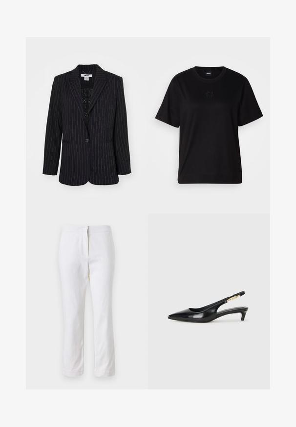 Melnā svītrainā žakete ar vienu pogu, izgrieztām atloks un struktūrētu audumu ar niansētiem mirdzuma akcentiem.; Melna kokvilnas T-krekls ar apaļu izgriezumu, īsām piedurknēm un izšūtu logotipu uz krūtīm. Vienkāršs, brīvs piegriezums bez rakstiem.; Baltas kokvilnas bikses ar taisnu kāju dizainu, ar vidēju augstumu un bez redzamām detaļām vai rakstiem. Visā virsmā ir gluda tekstūra.; Melnas ādas slingback zābaki ar smailu purngalu, ar šauru papēdi un zelta krāsas akcentu uz regulējama siksniņas. Gluda tekstūra.