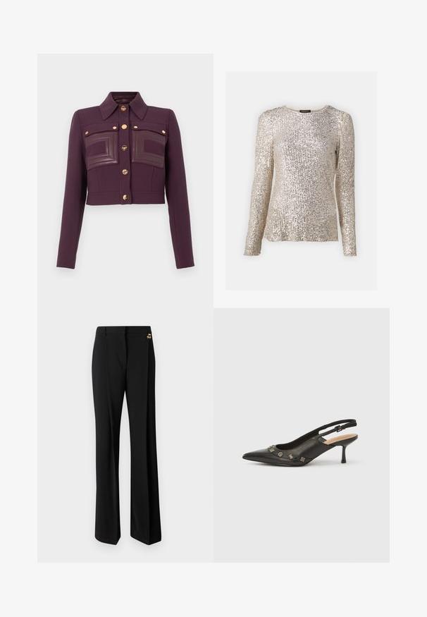 Jachetă scurtă de culoare mov închis, cu mâneci lungi, deschidere cu nasturi, guler ascuțit și două buzunare pe piept cu detalii din piele.; Top cu mânecă lungă, de culoare champagne, acoperit cu paiete și având o textură canelată. Prezintă un decolteu rotund și o croială ajustată.; Pantaloni negri cu picioare largi, realizati dintr-un material neted, cu un design croit si accente din aur pe talie.; Pantof negru din piele cu toc mic, cu bareta pe spate, vârf ascuțit și accente metalice decorative de-a lungul deschiderii frontale. Textură netedă.