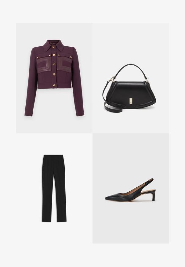 Cropped dark purple jacket with long sleeves, button front, pointed collar, and two chest pockets with leather-detail patches.; Black cotton t-shirt with a crew neckline, short sleeves, and an embroidered logo on the chest. Simple, relaxed fit with no patterns.; Black tailored trousers with a straight-leg design, featuring front pockets and a smooth, textured fabric. Neat, minimal detailing.; Black leather slingback pump with a pointed toe, low heel, and a smooth texture. Features a thin adjustable strap for a secure fit.; Black leather handbag with a structured design, featuring a cropped shape, top handle, and gold hardware accent. Adjustable shoulder strap included.