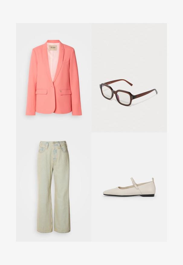 Koralroosa bleizer, millel on nurgaga krae, kaks esiset kotti, ühe nupuga kinnitamine ja sile tekstuur. Vooderdatud sisemus, kus on nähtav brändi silt.; Valge ribaga tank top, millel on ümar kaelus ja ilma varrukateta disain, sirge äärega ja väike brändi silt külje peal.; Heledad sinine laiad teksad, mis on valmistatud denimist, kõrge vöökoht, viis taskut ja kerge kulumine koos kontrastsetest õmblustest rõhutustega.; Valgete nahast Mary Jane lamedate kingade kumerad varbad, külgmine pandla ja madal must konts. Sile tekstuur ja minimalistik disain.; Pruunist läbipaistvast teisaldatavast raamiga silma klaasid, millel on selged läätsed, kerge lilla peegeldus ja väikesed kuldsed dekoratiivpunktid esinurgas.; Hõbedane rõngas kõrvarõngas poleeritud viimistlusega, millel on väikesed kuldsed aktsendid ja ümmargune kuju, kantud lobus.