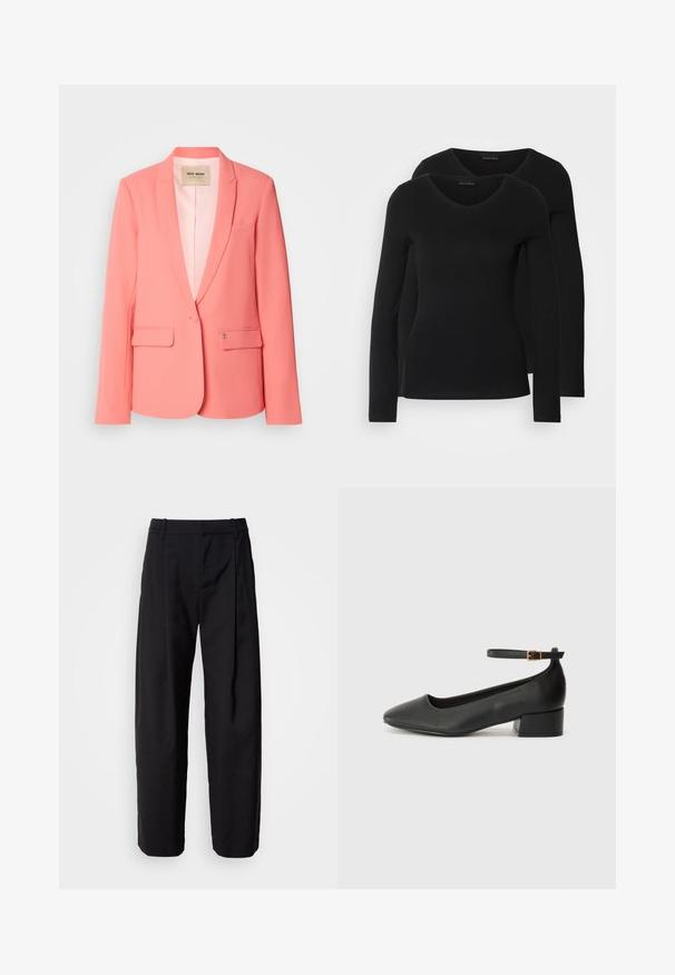 Blazer cor-de-rosa com lapela clássica, dois bolsos frontais, fecho de botão único e textura suave. Interior forrado com etiqueta da marca visível.; Duas camisetas pretas de manga longa com design em V, feitas de um tecido macio e elástico, apresentando uma textura suave e um formato ajustado.; Calças pretas com um corte descontraído, frente plissada e passadores para cinto. Tecido suave e pernas retas, com bolsos laterais.; Sandal de pele preta com bico pontiagudo e um salto bloco baixo. Apresenta uma tira no tornozelo com uma fivela em tom dourado. Textura suave.