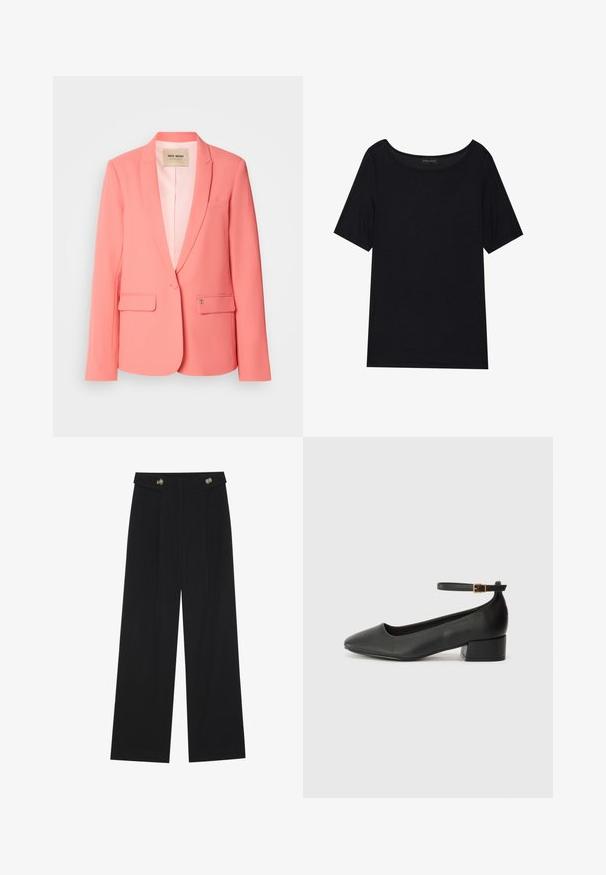Coral pink blazer with a notched lapel, two front pockets, single button closure, and a smooth texture. Lined interior with brand label visible.; Black short-sleeve T-shirt with a wide neckline. Made of soft, lightweight fabric. Simple design with no patterns or accents.; Black wide-leg trousers with high waist, button details on waistband, and front pleats.; Black leather pump with a pointed toe and a low block heel. Features an ankle strap with a gold-tone buckle. Smooth texture.