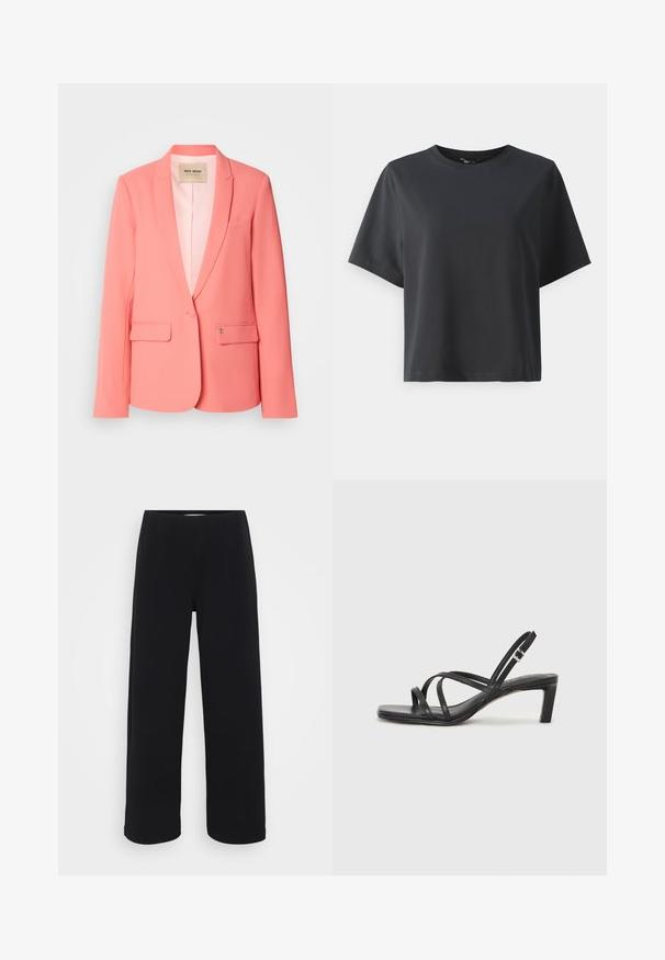 Koralen roza blazer z izrezanim ovratnikom, dvema sprednjima žepoma, enojnim gumbom za zapiranje in gladko teksturo. Podloženo notranjostjo, vidna oznaka blagovne znamke.; Črna bombažna majica, kratki rokavi, krojeni ovratnik, sproščenega kroja, gladka tekstura, preprost dizajn, brez vzorcev ali dodatkov.; Črne široke hlače s elastičnim pasom. Narejene iz teksturiranega materiala, se ponašajo z ohlapnim krojem in ravnim rezom od kolkov do roba.; Črne natikače s trakovi in kvadratnim prstom ter nizkim blokastim peto. Imajo več tankih trakov in nastavljiv trak okoli gležnja. Narejene so iz gladkega usnja.