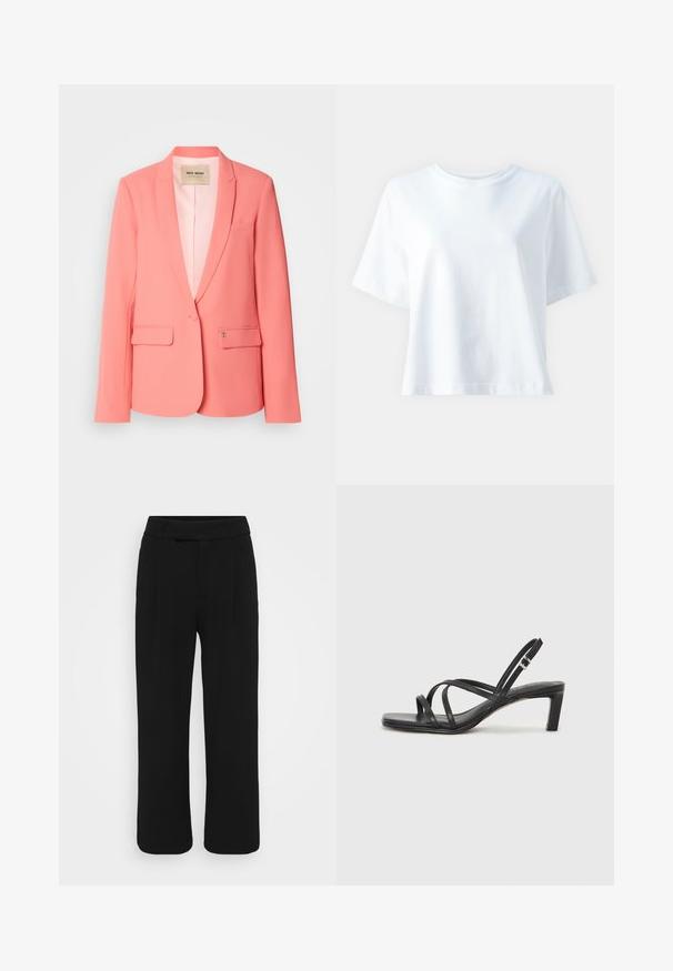 Korallrosa blazer med notched lapel, to frontlommer, enkel knappelås og en glatt tekstur. Fôr innvendig med merkeetikett synlig.; Hvit bomulls t-skjorte med rund hals, korte ermer, løs passform og jevn tekstur. Ingen mønstre eller aksenter synlige.; Sorte bukser med vide ben laget av et glatt stoff, med flat front, beltehemper og uten synlige lommer. Rent, skreddersydd design.; Sorte sandaler med stropper, firkantet tå og lav blokk hæl. Har flere tynne stropper og en justerbar ankelstropp. Laget av glatt lær.