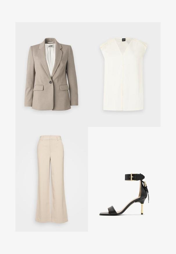Beiger Blazer mit strukturiertem Design, ausgestattet mit einem Ein-Knopf-Verschluss, zwei Fronttaschen und einem Reverskragen. Texturierter Stoff mit taillierter Passform.; Cremfarbener V-Ausschnitt-Top mit kurzen Ärmeln, aus glattem Stoff gefertigt. Verfügt über eine Mittelnähten und zarte Nahtdetails entlang der Schulternähte.; Beige weite Hosen mit glatter Textur, ausgestattet mit einem hohen Taillenbund und zwei vorderen Taschen. Schlichtes Design mit taillierter Passform.; Schwarze Leder-Absatzsandale mit quadrater Zehenform, Fesselriemen mit einer goldenen Schnalle und einem schlanken, metallischen Absatz. Glatte Textur, minimalistisches Design.