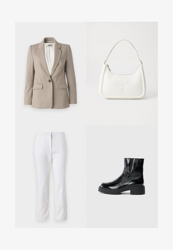Blazer beige con un diseño estructurado, que presenta un cierre de un solo botón, dos bolsillos frontales y solapa en pico. Tejido texturizado con un ajuste a medida.; Camiseta blanca recortada, con mangas cortas y anchas, material de algodón suave, cuello redondo con un sutil ribete naranja, diseño minimalista, sin patrones ni gráficos.; Pantalones de algodón blancos con un diseño de pierna recta, que cuentan con una cintura de media altura y sin herrajes o patrones visibles. Textura suave en todo su recorrido.; Botines negros con acabado de charol brillante, suela de goma negra gruesa y tacón elevado; incluye un sutil detalle del logo en el lateral.; Bolso de mano de cuero blanco con forma curvada, con un logo "CK" en relieve en la parte delantera y una sola correa para el hombro. Cierre de cremallera en la parte superior.