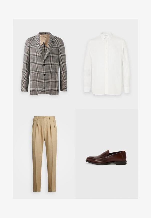 Struktūrizuota languota blazerio švarkas rudos ir grietinėlės spalvų, su įpjoviniu apykakle, dviem mygtukais ir subtiliu kišenės akcentu. Vidinė pamušalo spalva ruda.; Balti ilgi rankoviai marškiniai, pagaminti iš lengvos medžiagos, su klasikinėmis apykaklėmis, mygtukų uždarymu ir tiesiu apdaila. Lygus tekstūra.; Bežinės lininės kelnės tiesaus kirpimo, turinčios dvi priekinės klostes, sagų užsegimą ir šonines kišenes. Tekstūruotas audinys su lygiu paviršiumi.; Rudos odinės loafers su apvalia nosimi, priekinio diržo detalė ir žemu sluoksniu elektros. Lygus paviršius su minimaliais dekoratyviniais akcentais.