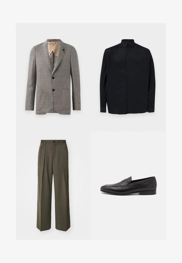 Struktureret plaid blazer i brun og creme, med en notch-krave, to knapper og en diskret lomme detalje. Indvendig foring i tan.; Sort langærmet skjorte lavet af glat stof, med klassisk krave, knaplukning og afslappet pasform med manchetter.; Filippa K WIDE TROUSERS - Bukser - driftwood; Sort læder herre loafers med lav hæl og et klassisk penny strap design, vist i sideprofil på en hvid baggrund.