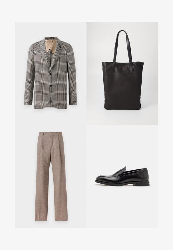 Struktureret plaid blazer i brun og creme, med en notch-krave, to knapper og en diskret lomme detalje. Indvendig foring i tan.; Hvid skjorte med knapper og krave, prydet med diskrete lodrette striber, lange ærmer, en brystlomme og klassisk rundet kant.; Brune, højtaljede bukser lavet af tekstureret stof. Har brede ben og to frontfoldninger for struktur. Pæn finish uden synlig hardware.; Sorte læderloafers med en glat overflade, rund tå og en dekorativ strop over vampen. Lav hæl med stabeldesign, minimalistisk stil.; Sort lærred tote taske med sorte læderhåndtag. Simpelt design, rummelig krop og en glat overflade. Ingen synlige logoer eller mønstre.