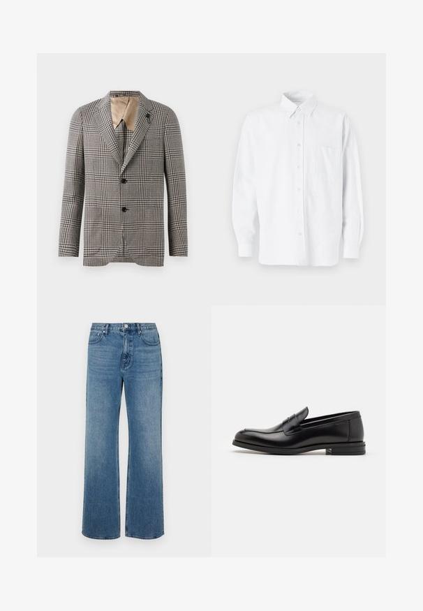 Strukturerad rutmönstrad kavaj i brunt och krämvitt, med slagkrage, två knappar och en subtil fickdetalj. Inre foder i beige.; Vit skjorta med knappar och krage, med subtila vertikala ränder, långa ärmar, en bröstficka och klassisk rundad nederkant.; Vida blå jeans i vida ben av denim med en blekt finish. Har fem fickor, knappstängning fram och rak skärning.; Svarta läderloafers med en slät yta, rund tå och ett dekorativt band över främre delen. Låg staplad klack, minimalistisk design.