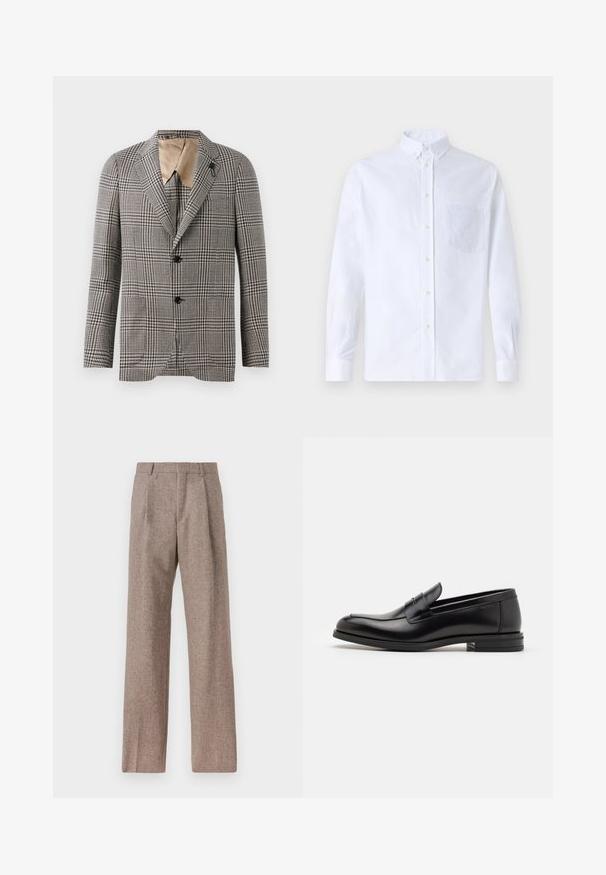 Skręcona marynarka w kratę w odcieniach brązu i kremu, z wyciętym kołnierzem, dwoma guzikami oraz dyskretnym detalem kieszeni. Podszewka w kolorze piaskowym.; Biała koszula z długim rękawem na guziki, wykonana z bawełny, z kieszonką na piersi z tonowym haftem, kołnierzykiem i zapięciem na guziki przy mankietach.; Brązowe, wysokiej talii spodnie wykonane z teksturowanej tkaniny. Posiadają szerokie nogawki i dwa przednie zakładki dla lepszej struktury. Starannie wykończone, bez widocznych elementów metalowych.; Czarne skórzane mokasyny o gładkiej fakturze, zaokrąglonym nosku i dekoracyjnym pasku na przodzie. Niski, warstwowy obcas, minimalistyczny design.