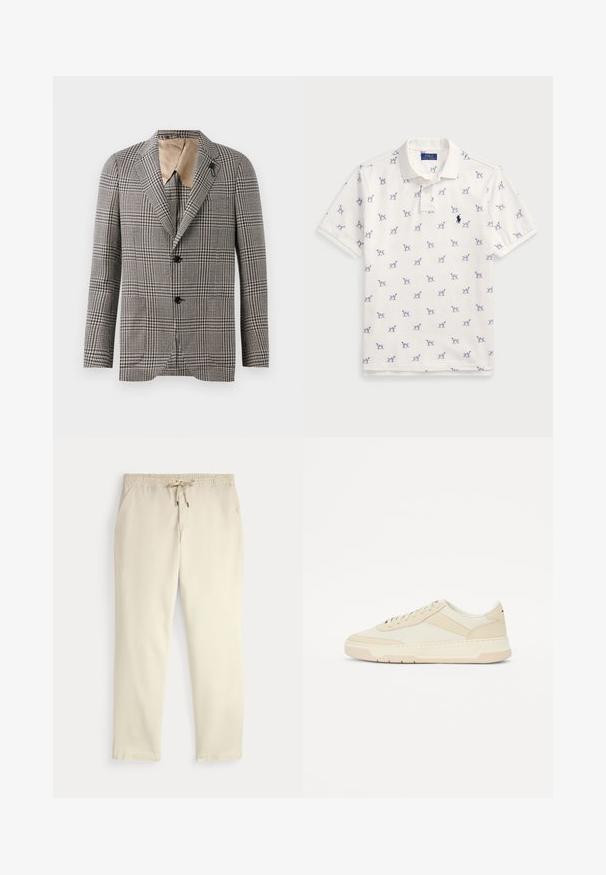 Struktureret plaid blazer i brun og creme, med en notch-krave, to knapper og en diskret lomme detalje. Indvendig foring i tan.; Hvid polo-shirt lavet af bomuld, med et gentaget blåt hundemønster og et lille blåt logo på brystet. Korte ærmer og krave.; Off-white afslappede bukser med elastisk talje og snor, lige ben og sidelommer mod en ensfarvet baggrund.; Beige sneakers lavet af glat læder og tekstil; lavprofil design med rund tå og snørrebåndslukning; strukturerede sidedele.