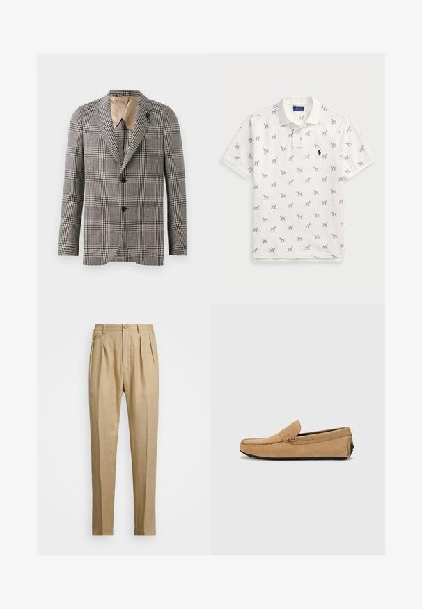 Gestructureerde geruite blazer in bruin en crème, met een notch-kraag, twee knopen en een subtiele zakdetail. Binnenvoering in tan.; Witte polo gemaakt van katoen, met een herhaald blauw hondenpatroon en een klein blauw logo op de borst. Korte mouwen en kraag.; Beige linnen broek met een rechte snit, voorzien van twee voorplooien, een knoopsluiting en zijzakken. Gestructureerde stof met een gladde afwerking.; Beige suède moccasin met een gestikte neus, instapontwerp en zwarte rubberen zool. Heeft subtiele branding aan de zijkant.