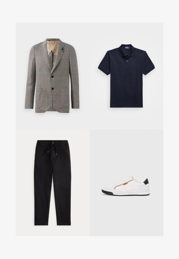 Struktūra pārklāta žakete brūnā un krēmkrāsā, ar izgrieztiem uzrakstiem, divām pogām un nelielu kabatas detaļu. Iekšējā oderē tan krāsā.; Tums zila polo krekls no teksturēta auduma, ar divu pogu apkakli un mazu izšūtu logotipu apakšmalā. Īsas piedurknes.; Melnas ikdienas bikses ar elastīgu josta, aukliņu, priekšējo pogu un sānu kabatām, attēlotas uz neitrāla fona.; Baltijas krāsā baltas sporta kurpes ar acu un ādas akcentiem. Iezīmējas ar zelta "BOSS" logo, teksturētām sānu paneļiem un melnu papēža kapu. Gumijas zole.