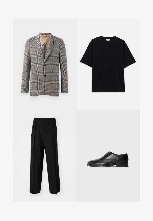 Blazer a quadri strutturato in marrone e crema, con colletto a punte, due bottoni e un sottile dettaglio sulla tasca. Fodera interna color marrone chiaro.; T-shirt oversize nera a maniche corte con scollatura rotonda e etichetta del marchio Filippa K visibile all'interno del colletto.; Pantaloni neri a pieghe con un design dritto e gamba larga. Realizzati in tessuto morbido, con chiusura a bottone e passanti per cintura.; Scarpa da uomo in pelle nera con punta arrotondata, texture liscia, design con lacci e un delicato dettaglio di cucitura, caratterizzata da un tacco basso e piatto.