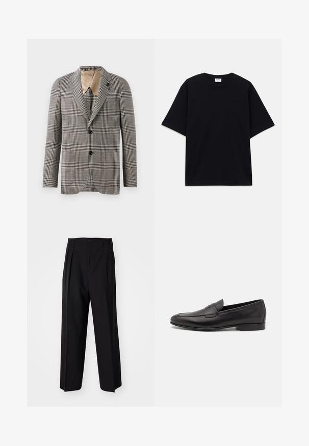 Gestreifter Blazer in Braun und Creme, mit Reverskragen, zwei Knöpfen und einem dezenten Taschendetail. Innenfutter in Beige.; Schwarzes, oversized T-Shirt mit kurzen Ärmeln und rundem Ausschnitt, mit sichtbarem Filippa K Markenlabel im Kragen.; Schwarze, plissierte Hose mit geradem, weitem Bein. Hergestellt aus glattem Stoff, mit Knopfverschluss und Gürtelschlaufen.; Schwarze Leder-Herrenloafer mit niedrigem Absatz und klassischem Penny-Riemen-Design, seitlich auf einem weißen Hintergrund dargestellt.
