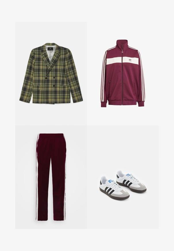 Kaksiriviline bleiser, millel on ruuduline muster, roheliste, mustade ja kollaste värvidega, valmistatud struktuurse kangaga, millel on sakilised kraed ja kaks taskut.; Bordo kapuutsiga jakks, millel on valge horisontaalne triip ja kolm valget külgtriipu. Omab kõrget kraed ja kahte lukuga küljetaskut.; Valge sobiv t-särk, mis on valmistatud puuvillast, ümarate krae ja lühikeste varrukatega, esiküljel on helesinine brodeeritud logo.; Burgundia sportlikud püksid, millel on nööriga vöökoht, valged külgtriibud ja kitsas lõige. Valmistatud sujuvast ja kergest kangast.; Spordijalatsid valge nahkpealsega, halli nubuk-naha otsaga ja kolme musta triibuga. Omab sinist logo keele peal ja struktureeritud kummitalda.