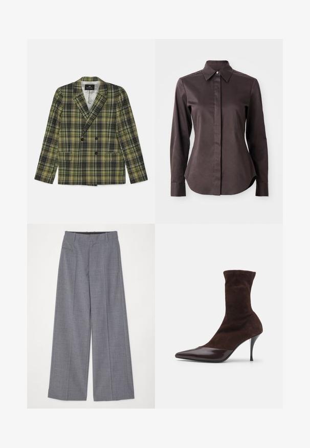 Dvojité sako s kostkovaným vzorem, které zahrnuje zelenou, černou a žlutou barvu, vyrobené z texturované tkaniny s klopami a dvěma kapsami.; Tmavě hnědá košile s dlouhým rukávem, zapínáním na knoflíky a špičatým límečkem, na bílém pozadí.; MM6 Maison Margiela PANTS - Kalhoty - grey melange; Hnědé semišové kotníkové boty s špičatou špičkou a lesklým vínovým lakovaným špičkou, vybavené štíhlým jehlovým podpatkem a texturovaným svrškem.