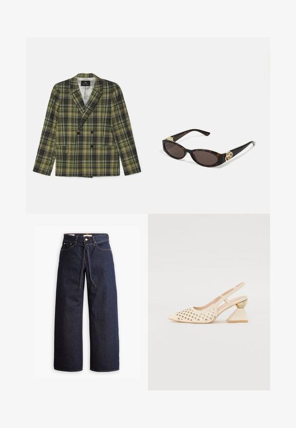 Blazer de duas fileiras com padrão xadrez, apresentando cores verde, preto e amarelo, feito de um tecido texturizado com lapelas notched e dois bolsos.; Camisa azul riscada com colarinho, mangas longas e bainha arredondada. O tecido parece liso e leve. Fecho de botão na parte da frente.; Calças de ganga de perna larga, em azul escuro, com uma cintura alta, apresentando um cordão, cinco bolsos e detalhes de costura em contraste.; Sapato slingback bege com parte superior perfurada, bico apontado e um salto triangular contrastante com um detalhe em dourado. Textura suave no geral.; Óculos de sol de tartaruga com lentes ovais alongadas, tom castanho, acentos de logotipo dourado nas hastes e hastes pretas elegantes.