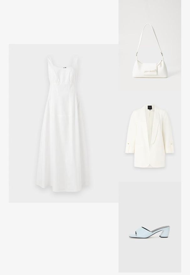 Balta švarkas su atidaryta priekiu, šalikiniu apykaklė ir trijų ketvirčių rankovėmis. Yra dvi priekinės kišenės ir mygtukų detalės ant rankovių.; Balta be rankovių suknelė su kvadratine iškirpte, suspaustu liemeniu ir platėjančia sijona. Pagaminta iš lygios medžiagos, pasižymi paprastu, elegantišku dizainu.; Šviesiai mėlynos atvirų pirštų kulno mules su geometriniu dizainu, turinčios plačią juostą per pėdą ir stambų, kampuotą kulną.; Balta sintetinė rankinė trikampio formos, plokščiu priekiu su užsegimu, kaspino detale, reguliuojama dirželiu, lygia tekstūra ir minimalistišku dizainu.