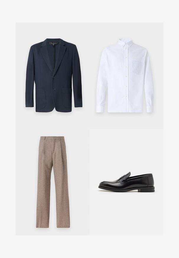 Blazer blu marino con una silhouette strutturata, chiusura a doppio bottone, due tasche frontali e finitura texture. Adatto per occasioni formali.; Camicia bianca a maniche lunghe con bottoni, realizzata in cotone, caratterizzata da una tasca sul petto con ricamo tonale, colletto e polsini con bottoni.; Pantaloni marroni a vita alta realizzati in tessuto testurizzato. Presentano gambe ampie e due pieghe frontali per struttura. Rifinitura curata senza hardware visibile.; Mocassini neri in pelle con una texture liscia, punta arrotondata e una striscia decorativa sulla tomaia. Tacco basso impilato, design minimalista.